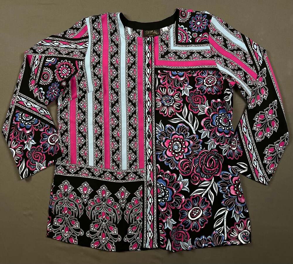 Bob Mackie Wearable Art Multi-Color Floral Print Button-Front Tunic Blouse Size